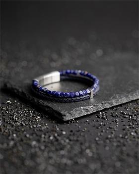 Preview: Doppelarmband mit italienischem Leder und 4 mm blauem Sodalith-Stein - Double Blue